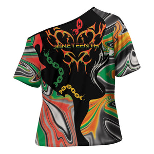 African Juneteenth Freedom Day 1865 Cross Shoulder Shirt Colors Liquid Marble With Broken Chains