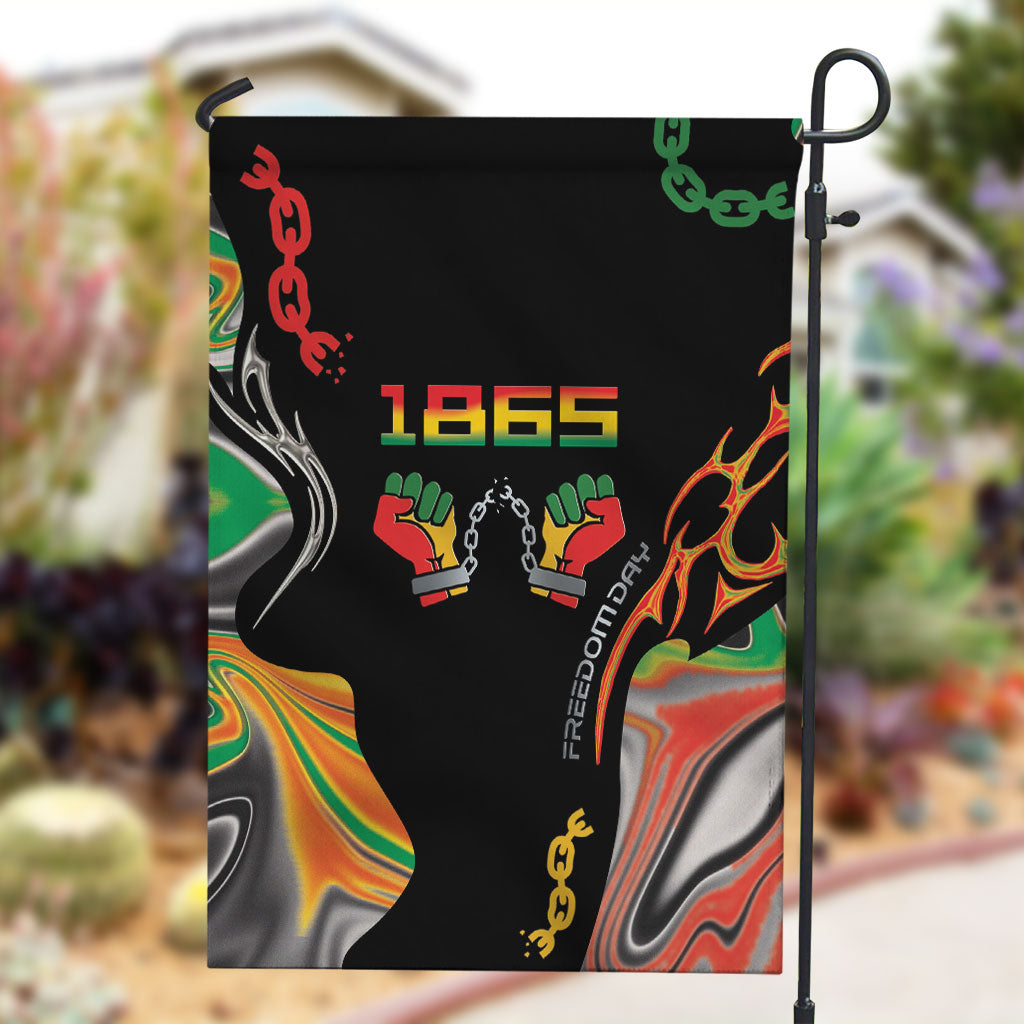 African Juneteenth Freedom Day 1865 Garden Flag Colors Liquid Marble With Broken Chains