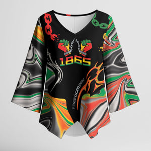 African Juneteenth Freedom Day 1865 Kimono Sleeve Blouse Colors Liquid Marble With Broken Chains