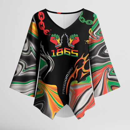 African Juneteenth Freedom Day 1865 Kimono Sleeve Blouse Colors Liquid Marble With Broken Chains