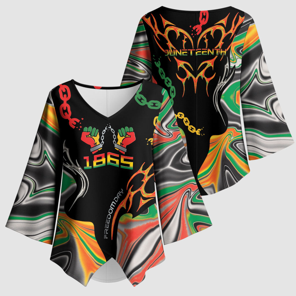 African Juneteenth Freedom Day 1865 Kimono Sleeve Blouse Colors Liquid Marble With Broken Chains