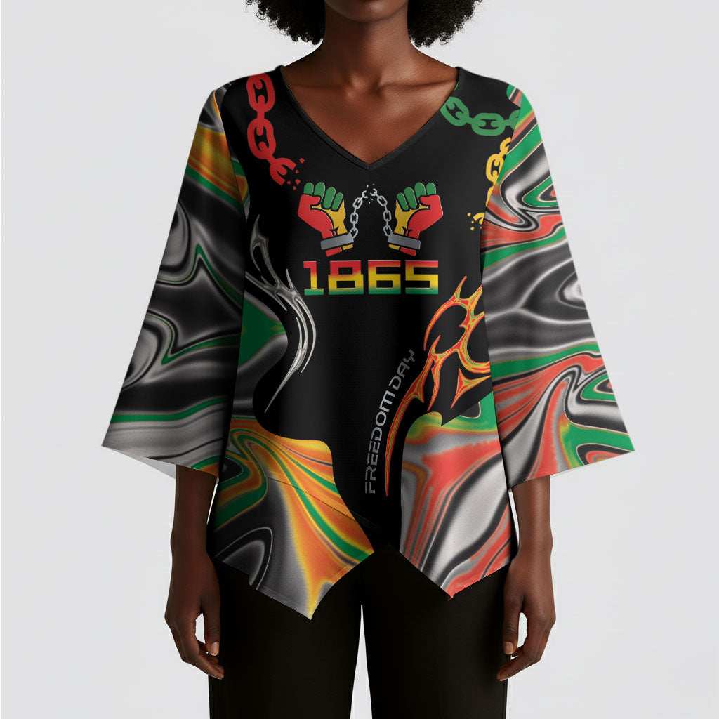 African Juneteenth Freedom Day 1865 Kimono Sleeve Blouse Colors Liquid Marble With Broken Chains