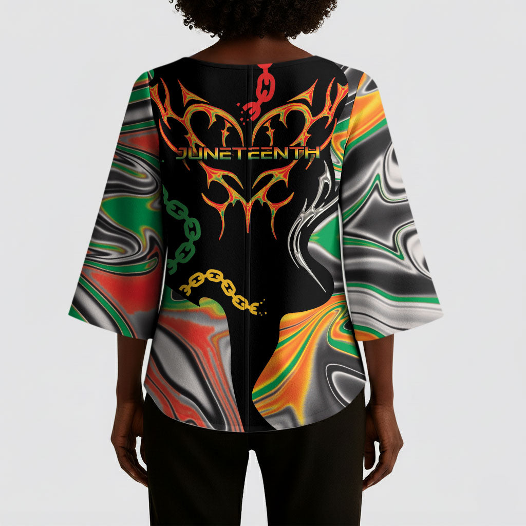 African Juneteenth Freedom Day 1865 Kimono Sleeve Blouse Colors Liquid Marble With Broken Chains
