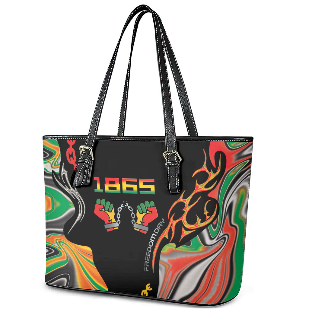 African Juneteenth Freedom Day 1865 Leather Tote Bag Colors Liquid Marble With Broken Chains