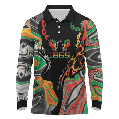 African Juneteenth Freedom Day 1865 Long Sleeve Polo Shirt Colors Liquid Marble With Broken Chains