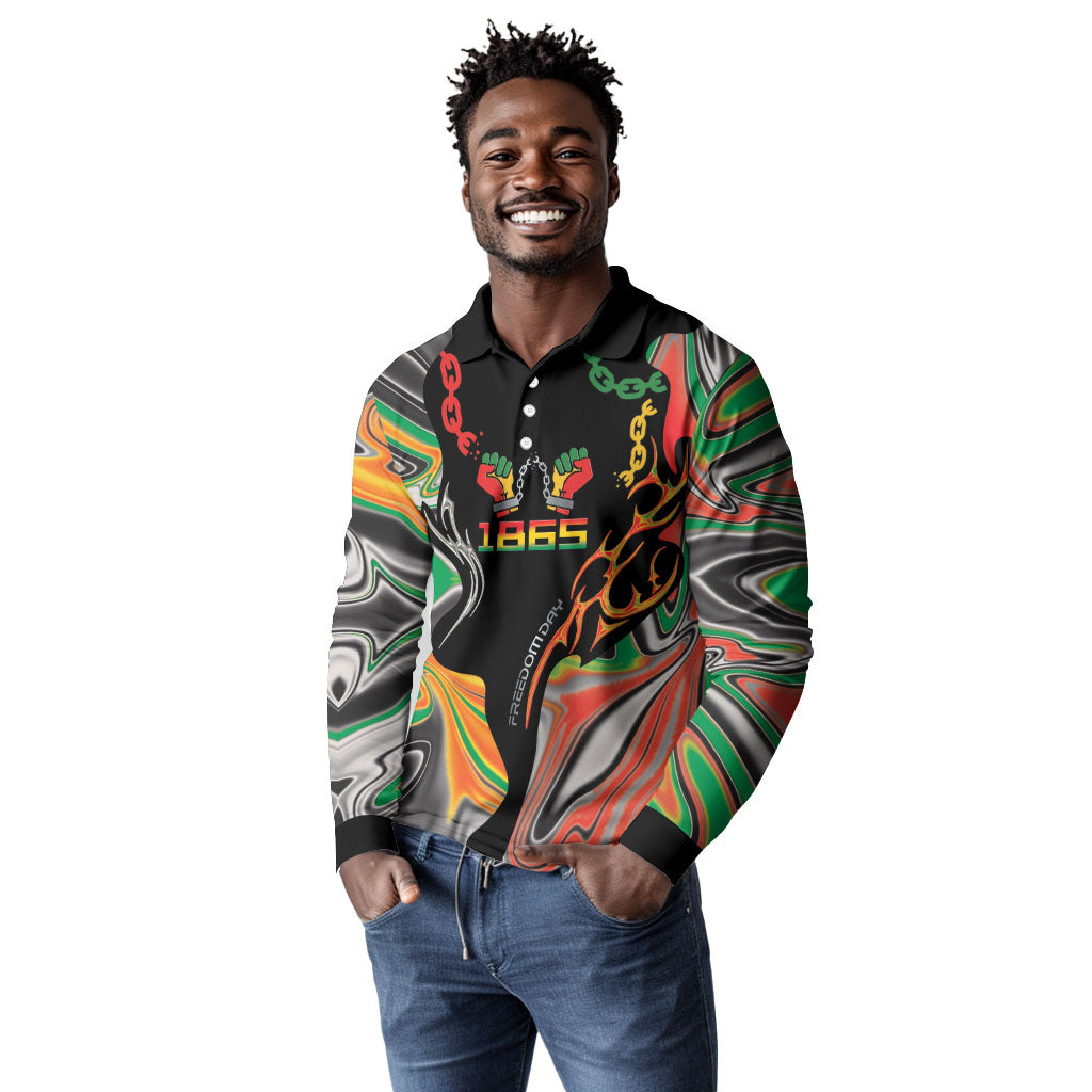 African Juneteenth Freedom Day 1865 Long Sleeve Polo Shirt Colors Liquid Marble With Broken Chains