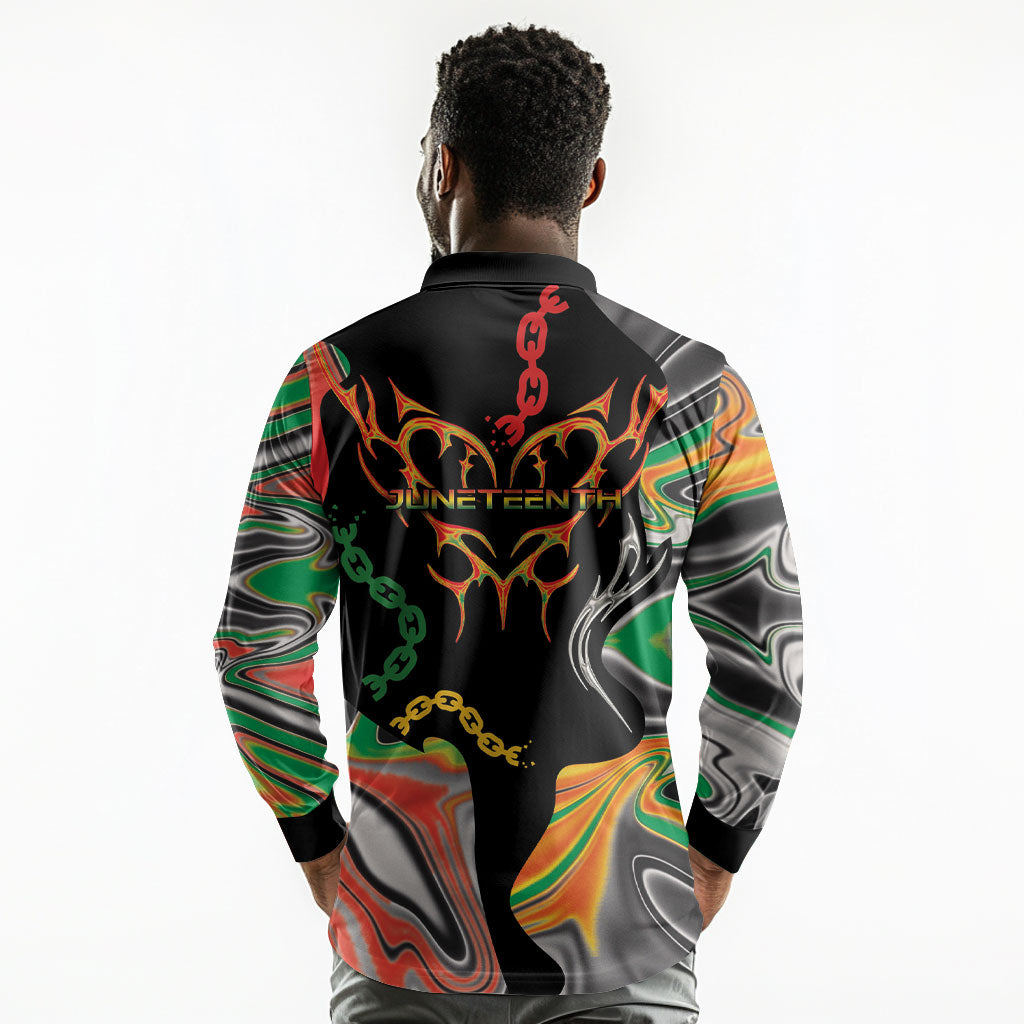 African Juneteenth Freedom Day 1865 Long Sleeve Polo Shirt Colors Liquid Marble With Broken Chains