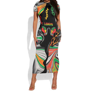African Juneteenth Freedom Day 1865 Short Sleeve Bodycon Dress Colors Liquid Marble With Broken Chains