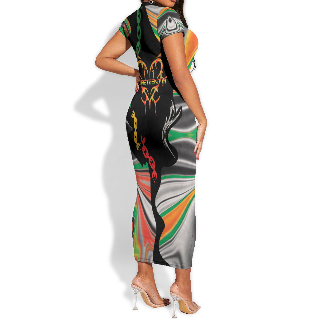 African Juneteenth Freedom Day 1865 Short Sleeve Bodycon Dress Colors Liquid Marble With Broken Chains