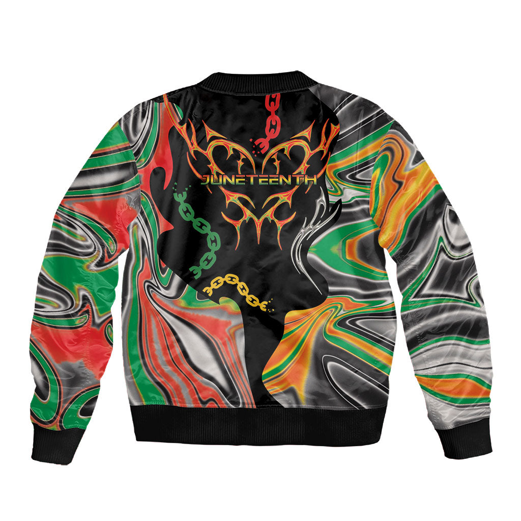African Juneteenth Freedom Day 1865 Sleeve Zip Bomber Jacket Colors Liquid Marble With Broken Chains