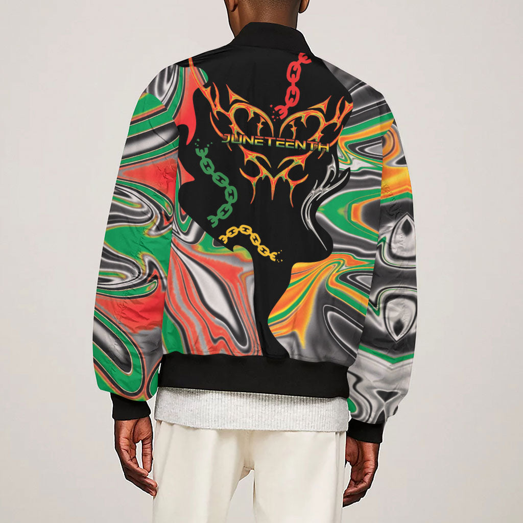 African Juneteenth Freedom Day 1865 Sleeve Zip Bomber Jacket Colors Liquid Marble With Broken Chains