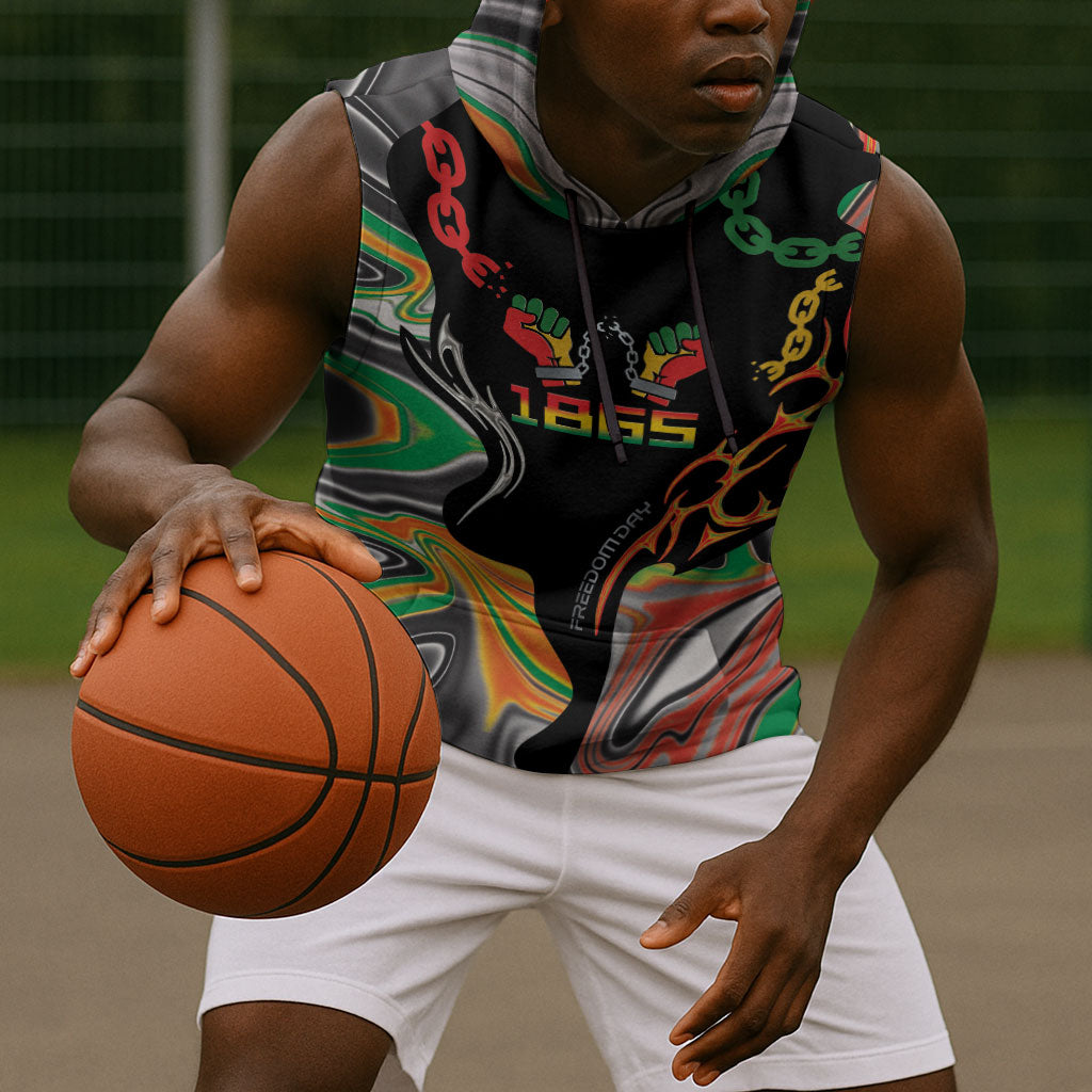 African Juneteenth Freedom Day 1865 Sleeveless Hoodie Colors Liquid Marble With Broken Chains