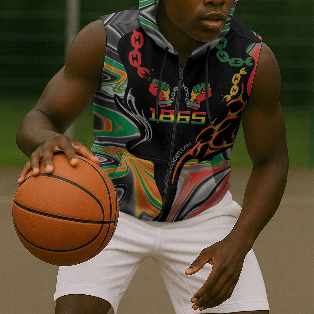 African Juneteenth Freedom Day 1865 Sleeveless Zip Hoodie Colors Liquid Marble With Broken Chains