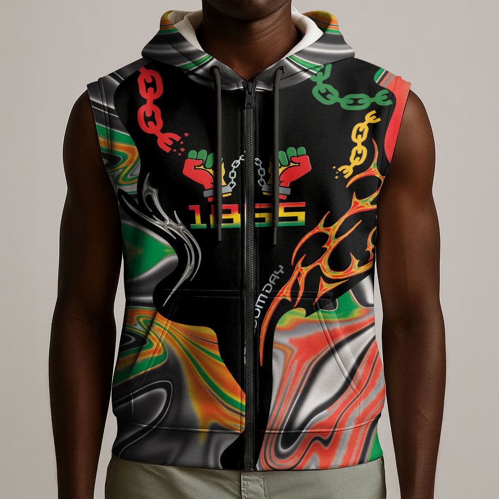 African Juneteenth Freedom Day 1865 Sleeveless Zip Hoodie Colors Liquid Marble With Broken Chains