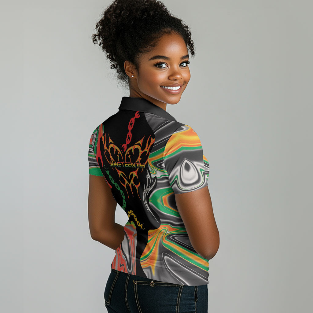 African Juneteenth Freedom Day 1865 Women Polo Shirt Colors Liquid Marble With Broken Chains