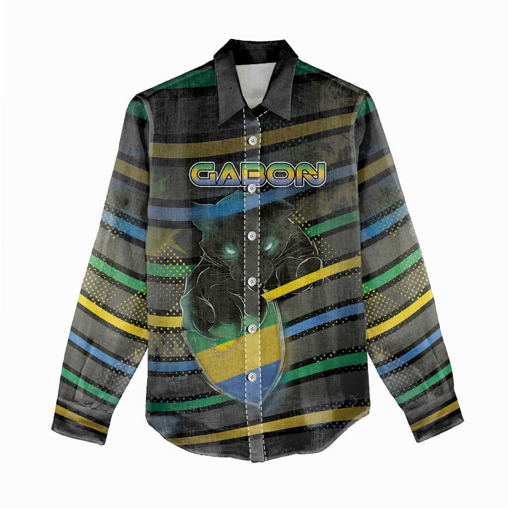 Personalized Gabon Women Casual Shirt Panther Strike Striped Style