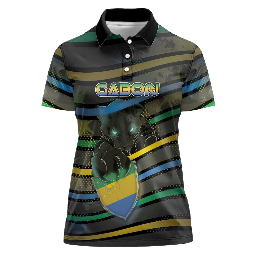 Personalized Gabon Women Polo Shirt Panther Strike Striped Style
