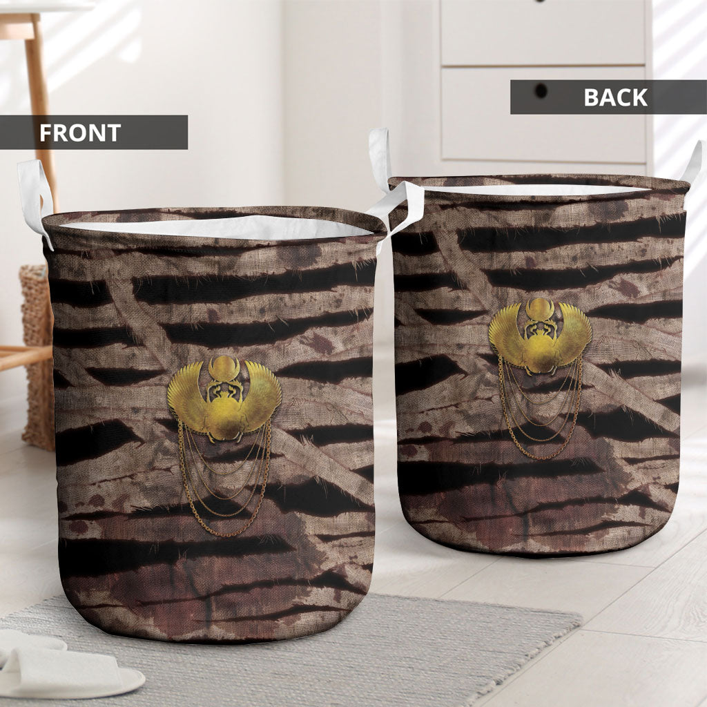 African Halloween Egypt Mummy Wrap Laundry Basket Golden Winged Scarab Badge