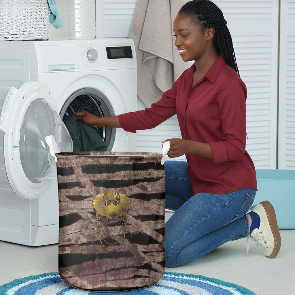 African Halloween Egypt Mummy Wrap Laundry Basket Golden Winged Scarab Badge