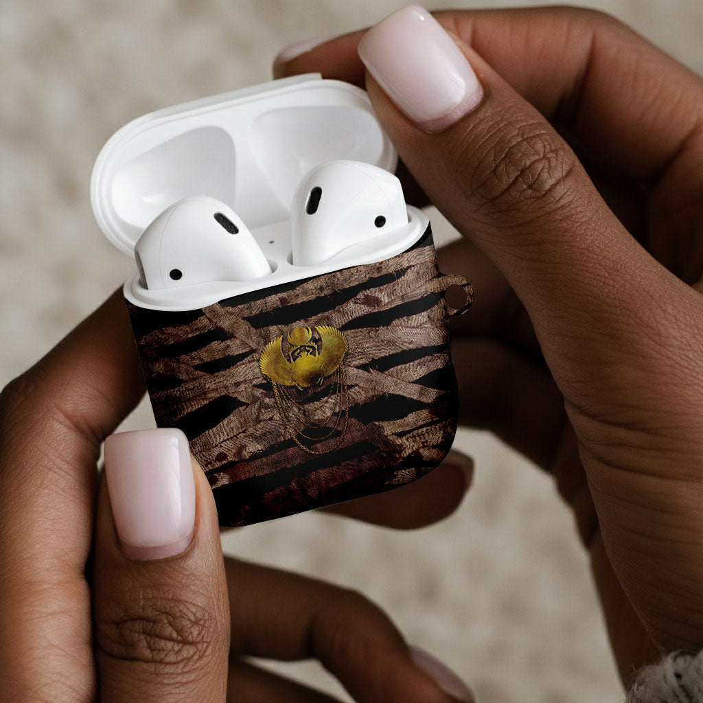 African Halloween Egypt Mummy Wrap AirPods Case Golden Winged Scarab Badge