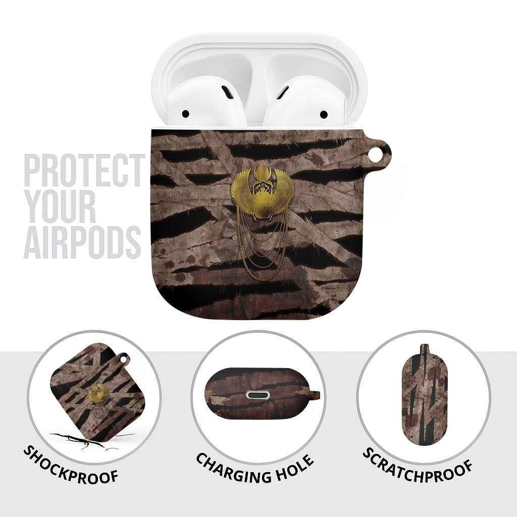 African Halloween Egypt Mummy Wrap AirPods Case Golden Winged Scarab Badge