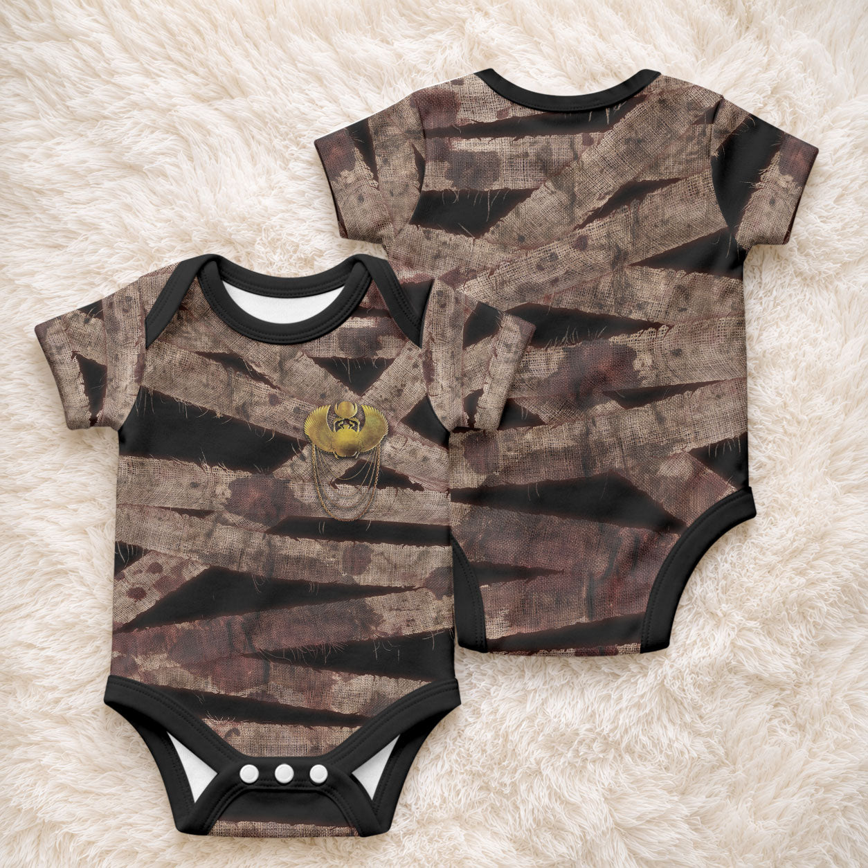 African Halloween Egypt Mummy Wrap Baby Onesie Golden Winged Scarab Badge