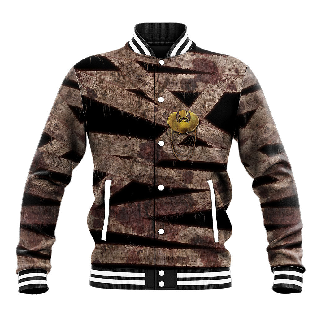 African Halloween Egypt Mummy Wrap Baseball Jacket Golden Winged Scarab Badge