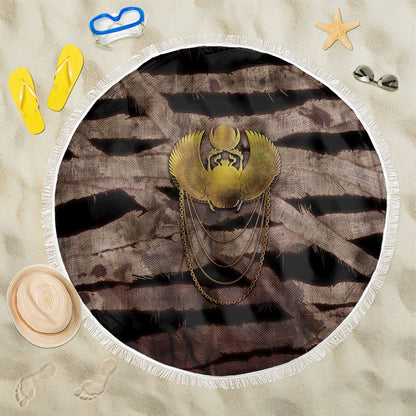 African Halloween Egypt Mummy Wrap Beach Blanket Golden Winged Scarab Badge