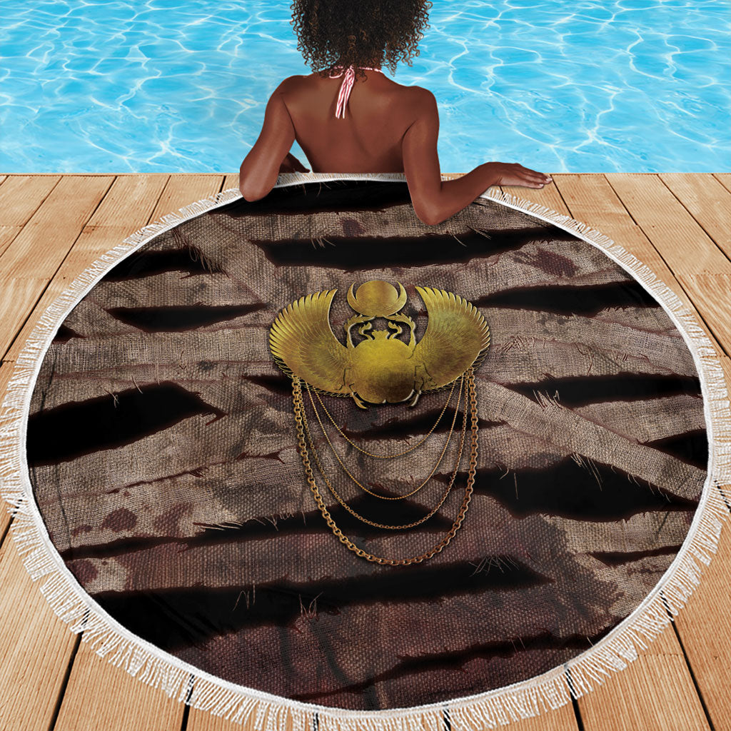 African Halloween Egypt Mummy Wrap Beach Blanket Golden Winged Scarab Badge