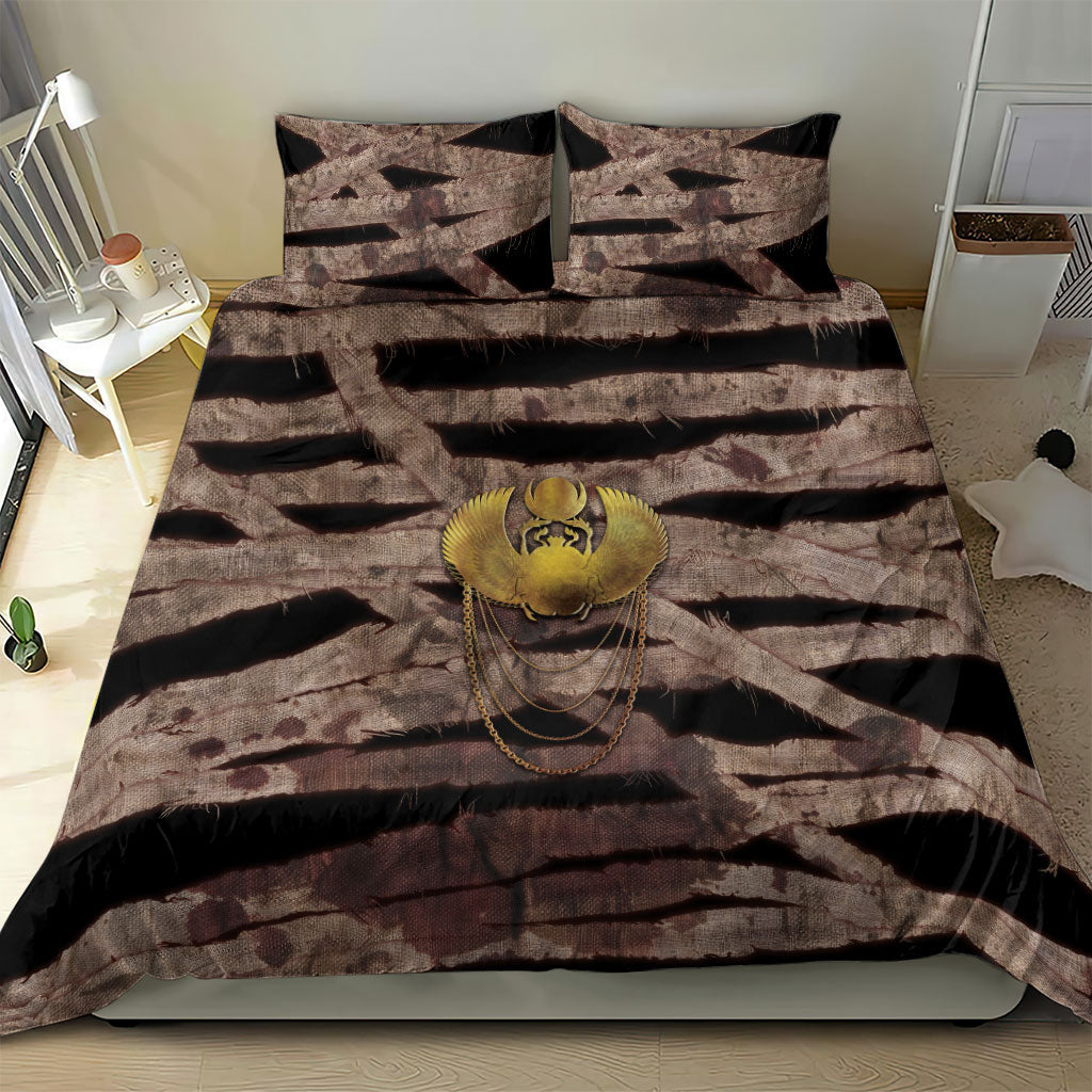 African Halloween Egypt Mummy Wrap Bedding Set Golden Winged Scarab Badge
