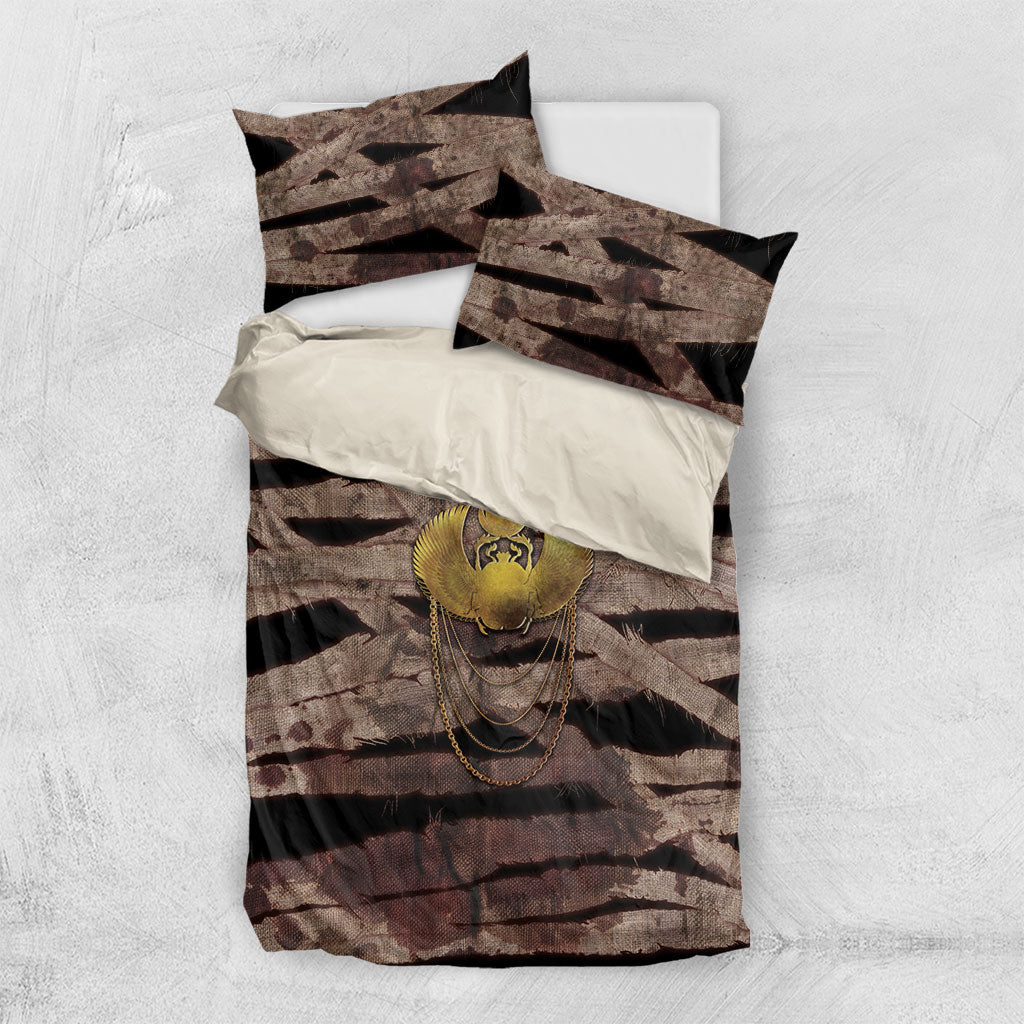 African Halloween Egypt Mummy Wrap Bedding Set Golden Winged Scarab Badge