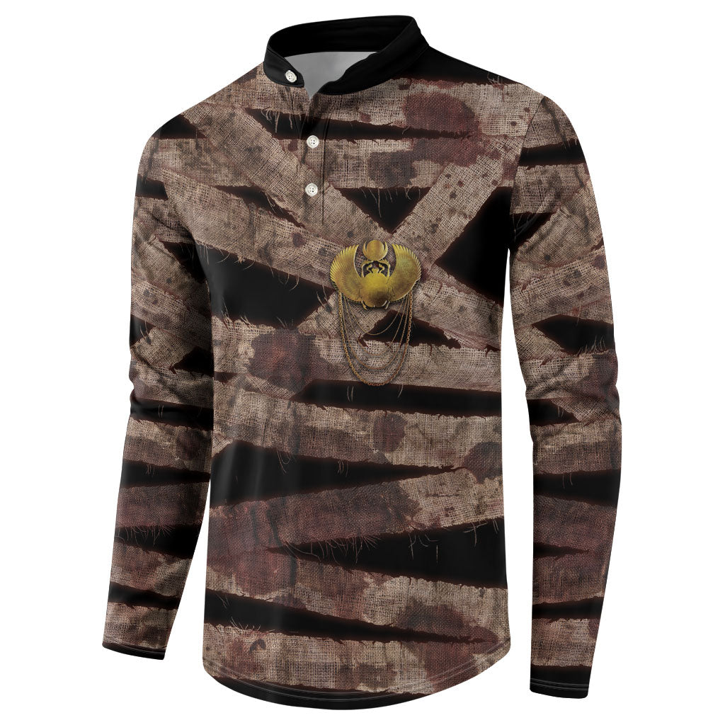 African Halloween Egypt Mummy Wrap Button Sweatshirt Golden Winged Scarab Badge