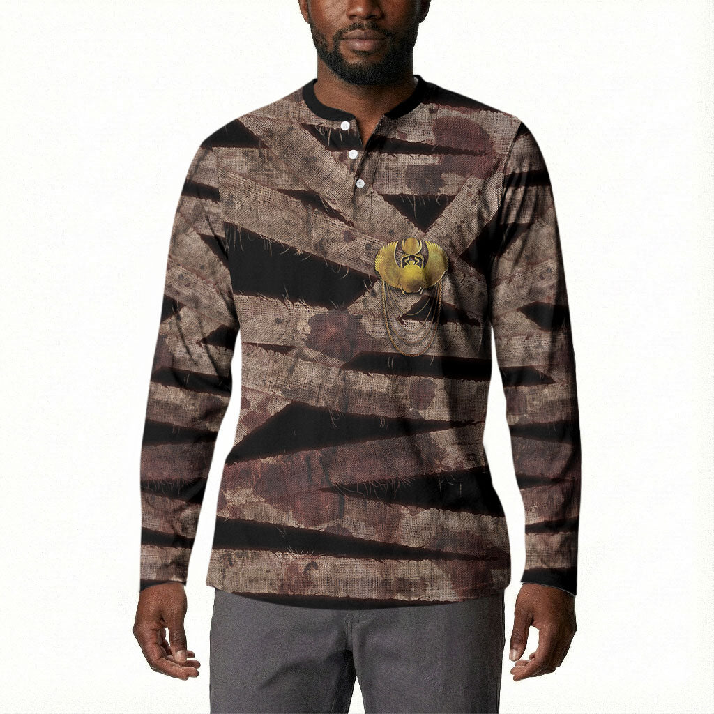 African Halloween Egypt Mummy Wrap Button Sweatshirt Golden Winged Scarab Badge