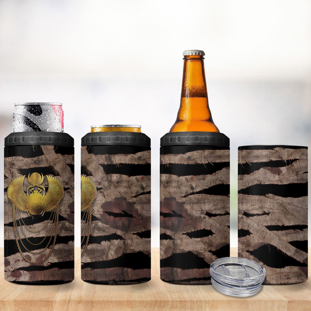 African Halloween Egypt Mummy Wrap 4 in 1 Can Cooler Tumbler Golden Winged Scarab Badge