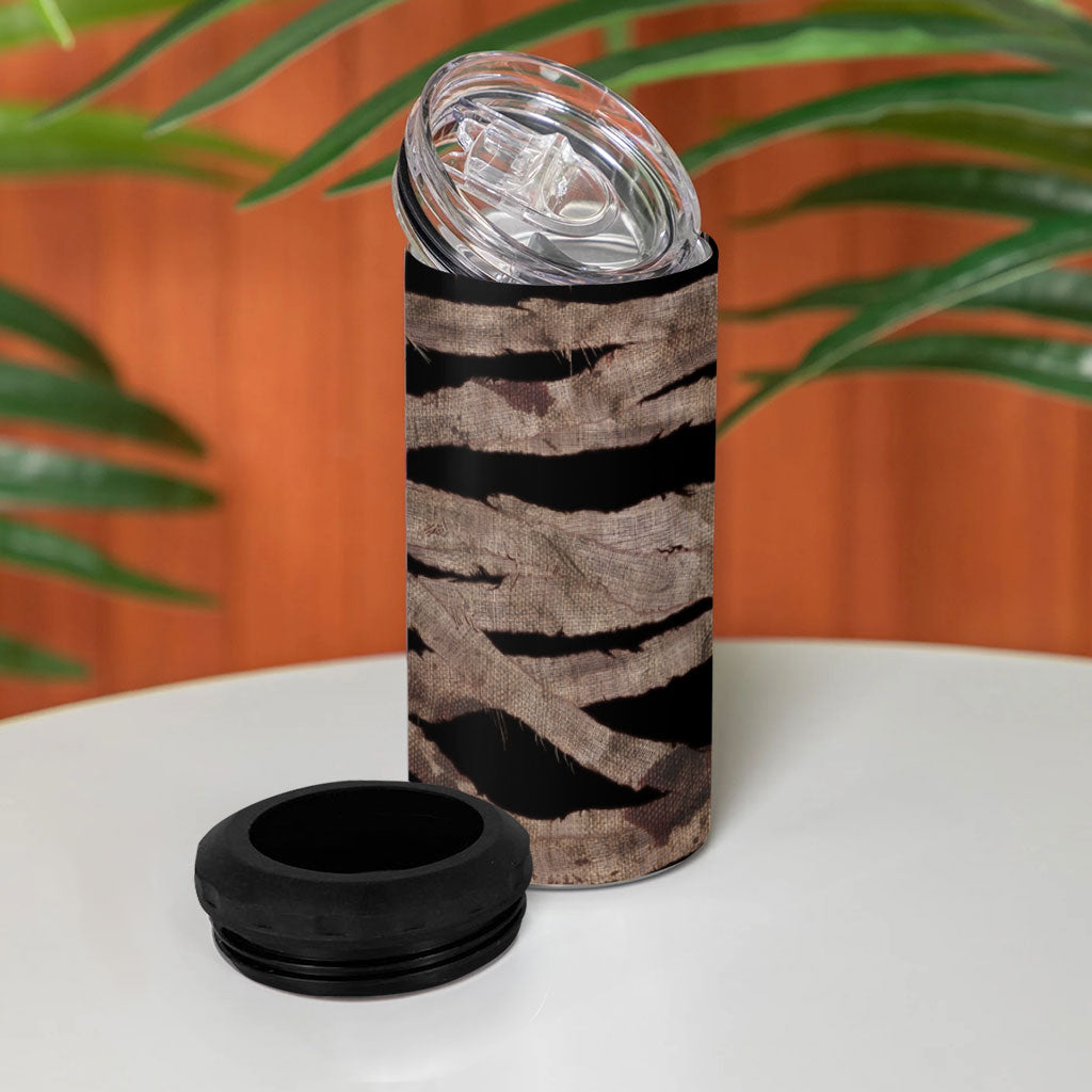 African Halloween Egypt Mummy Wrap 4 in 1 Can Cooler Tumbler Golden Winged Scarab Badge