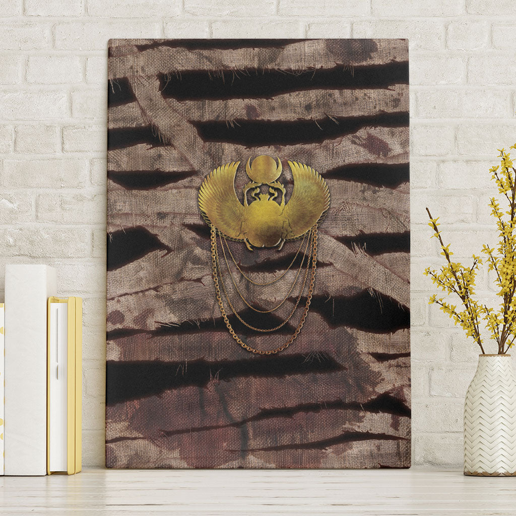 African Halloween Egypt Mummy Wrap Canvas Wall Art Golden Winged Scarab Badge