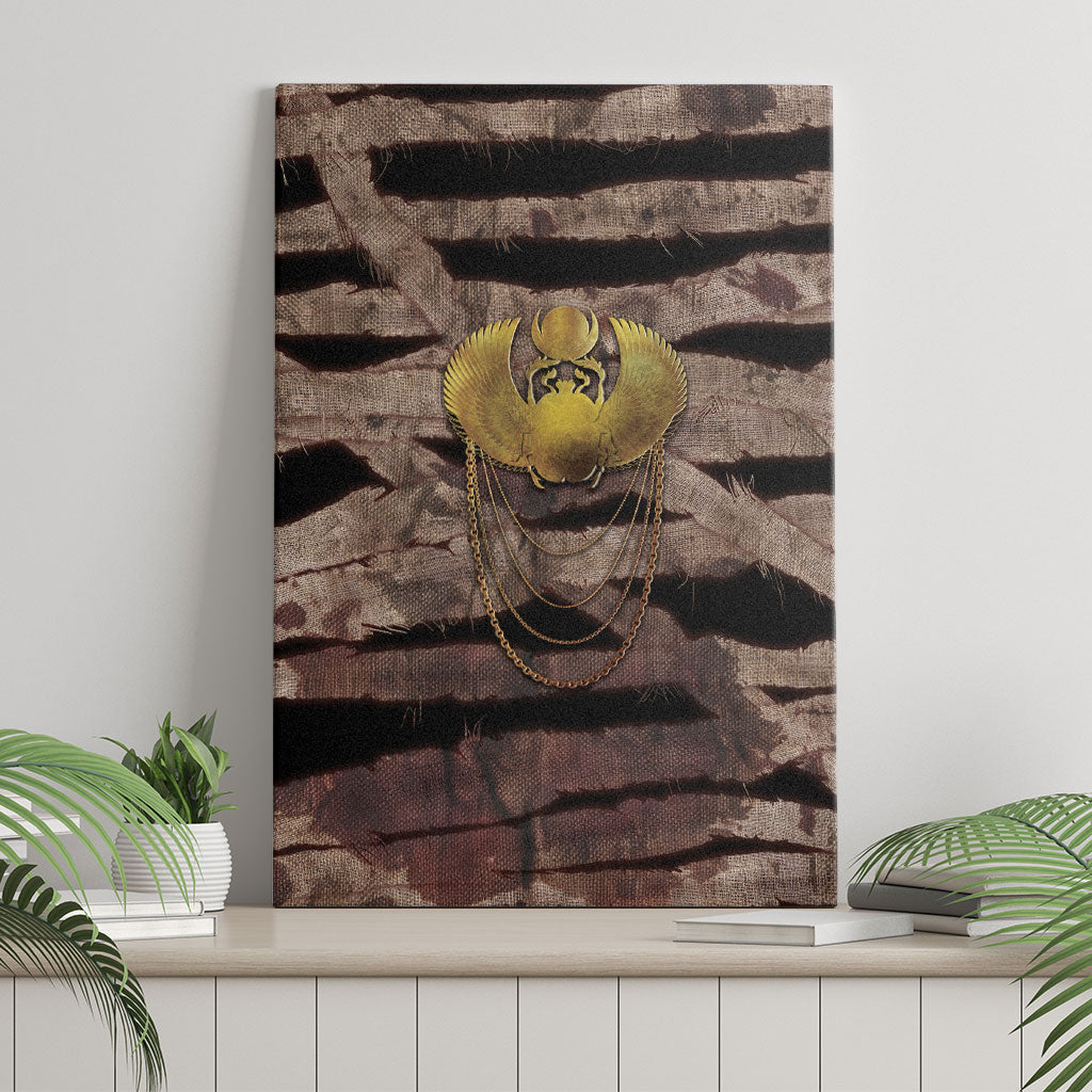 African Halloween Egypt Mummy Wrap Canvas Wall Art Golden Winged Scarab Badge