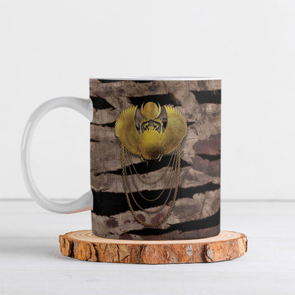 African Halloween Egypt Mummy Wrap Ceramic Mug Golden Winged Scarab Badge