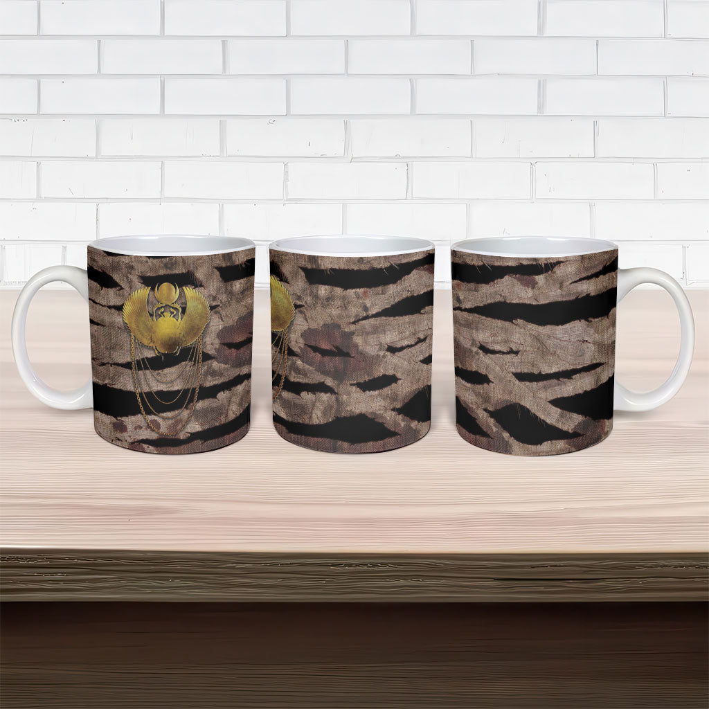 African Halloween Egypt Mummy Wrap Ceramic Mug Golden Winged Scarab Badge