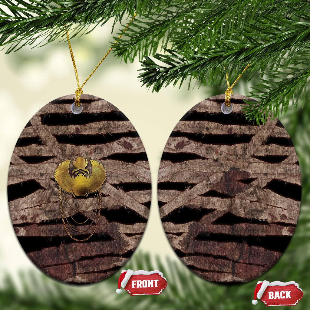 African Halloween Egypt Mummy Wrap Ceramic Ornament Golden Winged Scarab Badge
