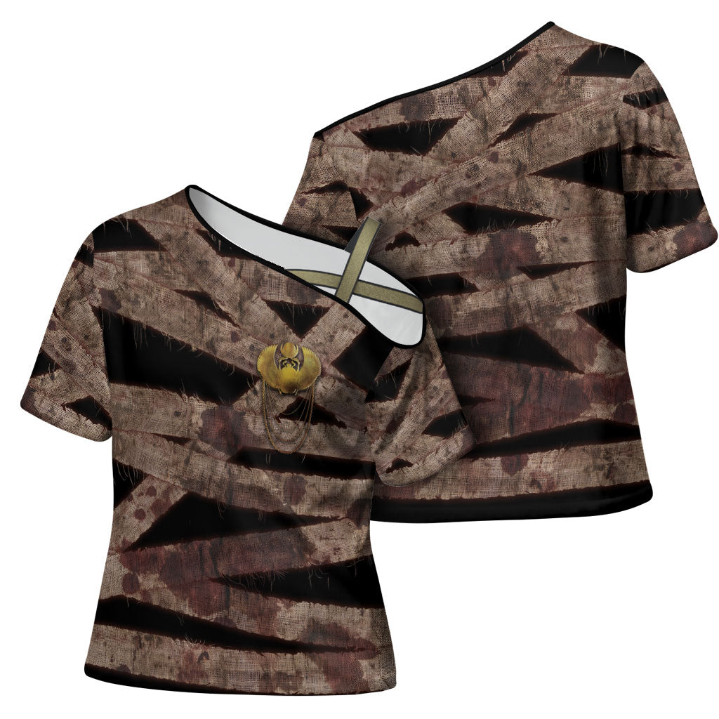 African Halloween Egypt Mummy Wrap Cross Shoulder Shirt Golden Winged Scarab Badge