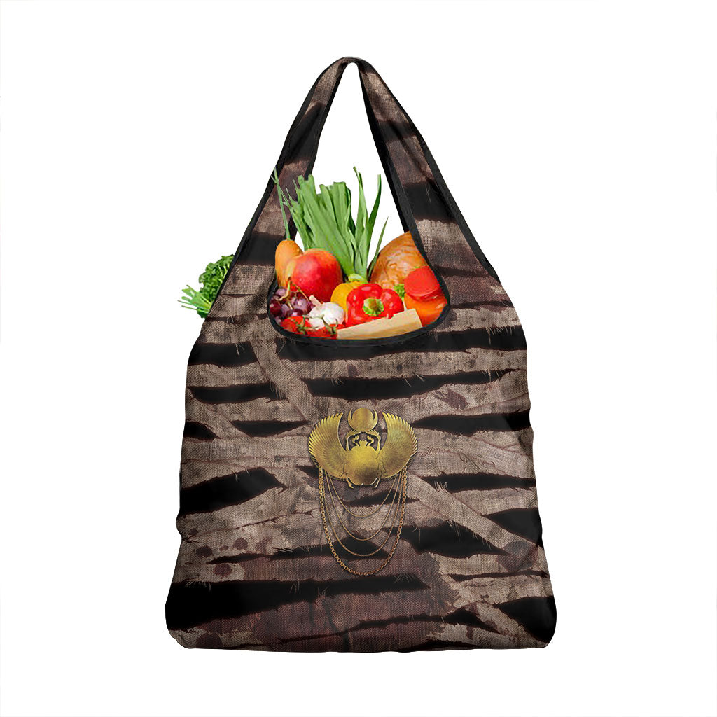 African Halloween Egypt Mummy Wrap Grocery Bag Golden Winged Scarab Badge