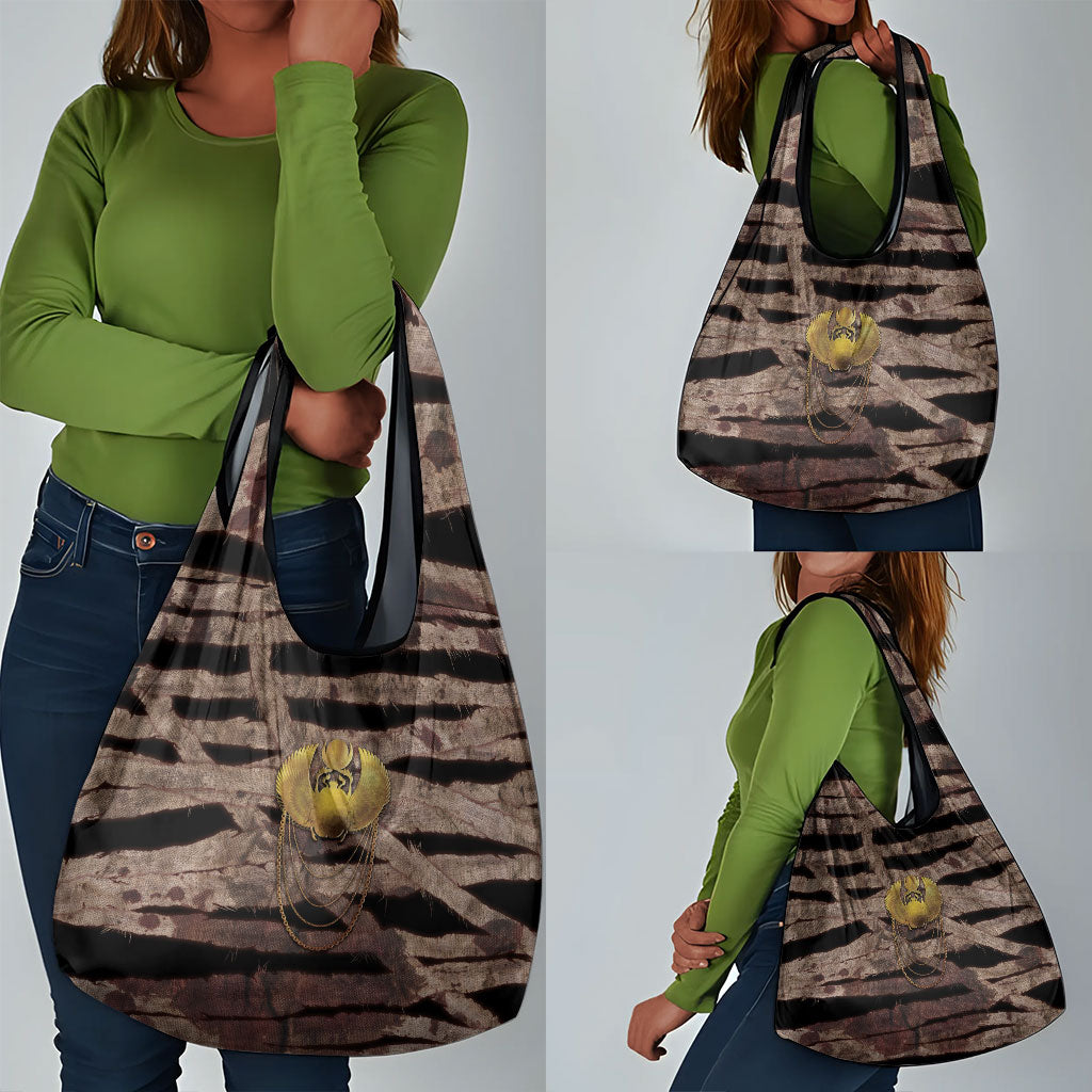African Halloween Egypt Mummy Wrap Grocery Bag Golden Winged Scarab Badge