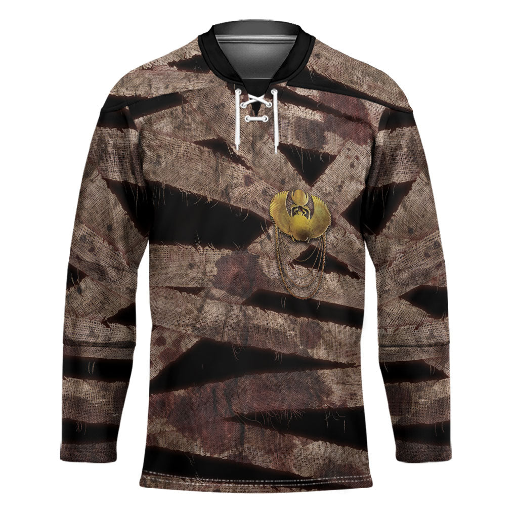 African Halloween Egypt Mummy Wrap Hockey Jersey Golden Winged Scarab Badge