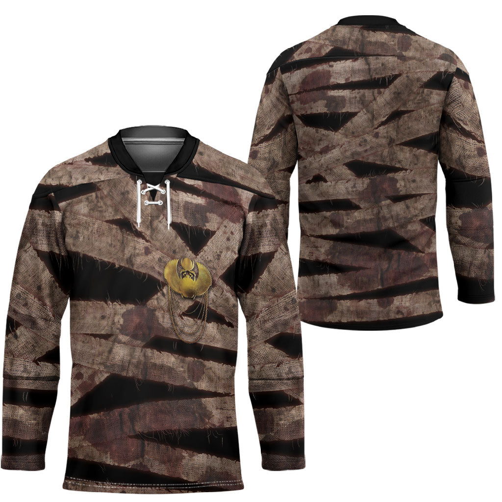 African Halloween Egypt Mummy Wrap Hockey Jersey Golden Winged Scarab Badge