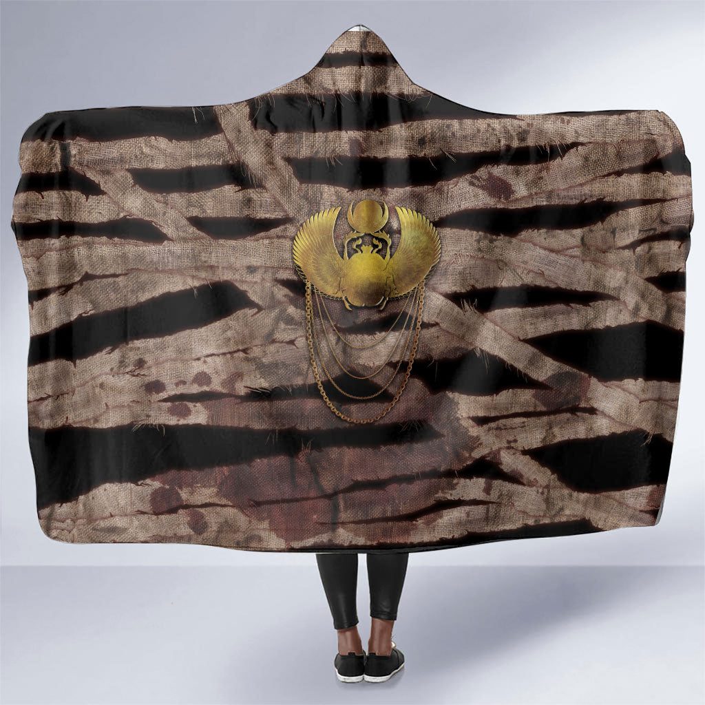African Halloween Egypt Mummy Wrap Hooded Blanket Golden Winged Scarab Badge