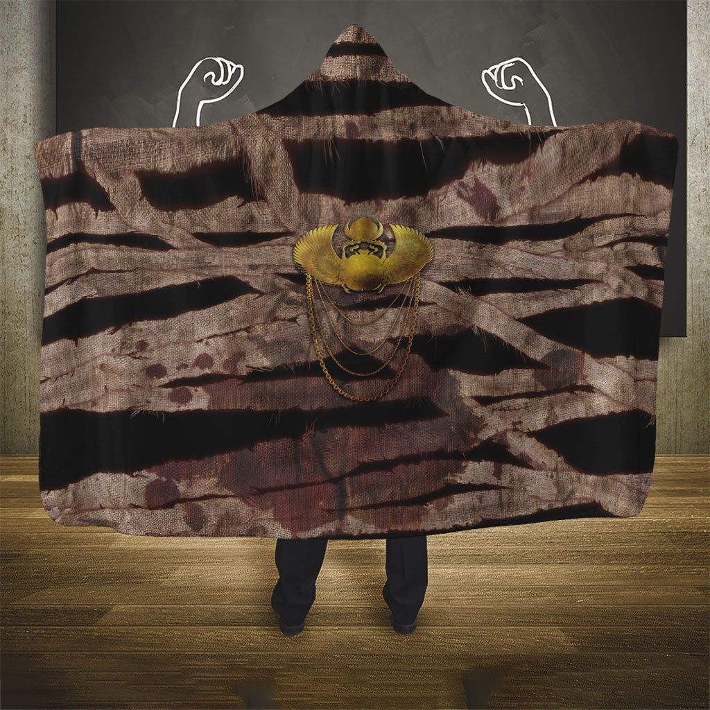 African Halloween Egypt Mummy Wrap Hooded Blanket Golden Winged Scarab Badge