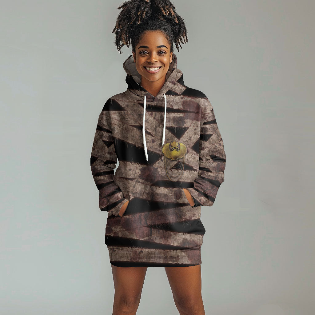 African Halloween Egypt Mummy Wrap Hoodie Dress Golden Winged Scarab Badge