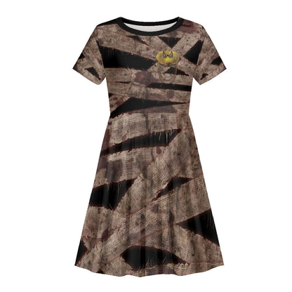 African Halloween Egypt Mummy Wrap Kid Short Sleeve Dress Golden Winged Scarab Badge