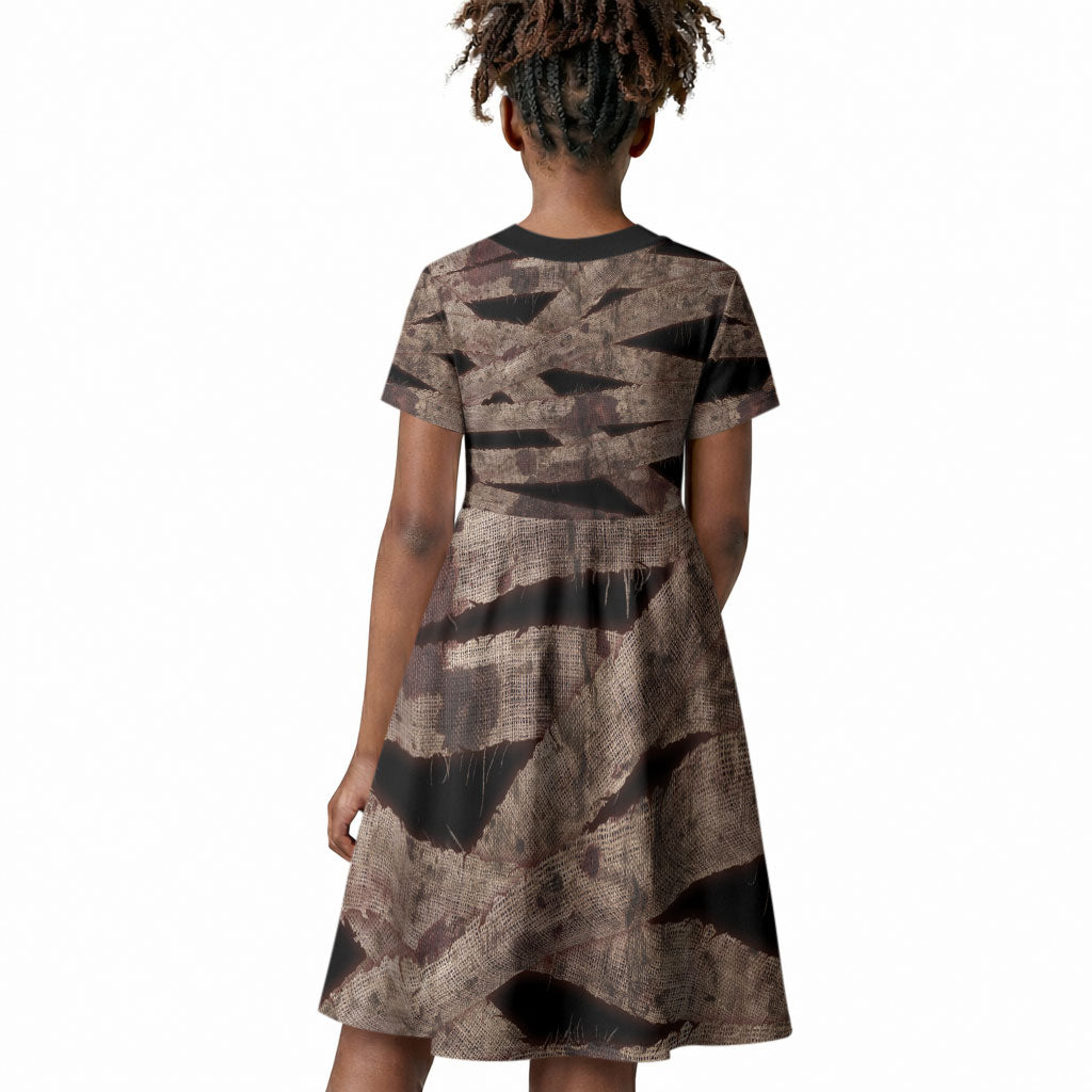 African Halloween Egypt Mummy Wrap Kid Short Sleeve Dress Golden Winged Scarab Badge